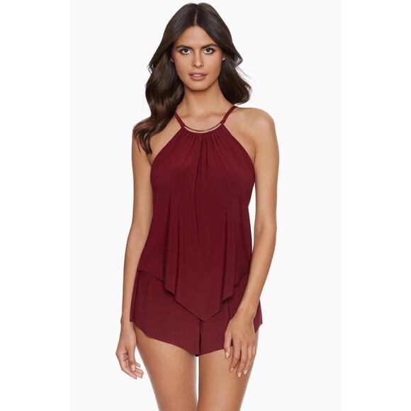 MAGICSUIT Halo Effect Missy Romper Swimsuit Size 10 Red Merlot One Piece NWT - Picture 1 of 13